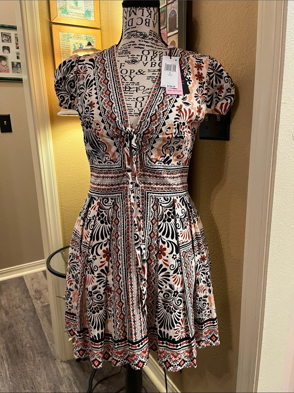 Avec Les Filles Black, Cream & Rust Printed Tie-Front Mini Dress